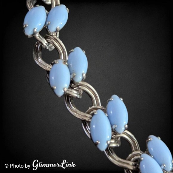 Vintage Blue Marquise Glass Cabochon Silver Tone Small Fit Choker Necklace - Picture 7 of 10